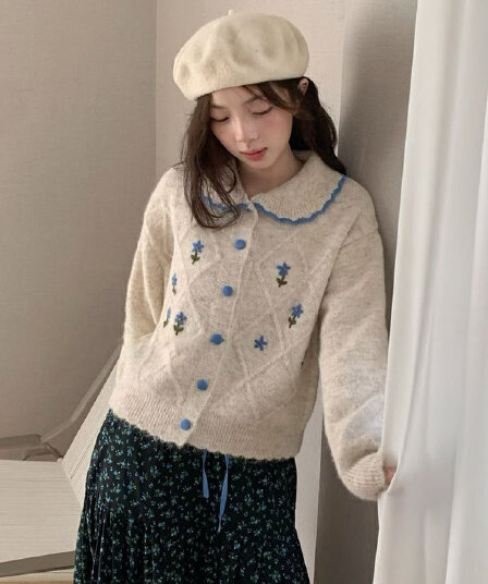 한 부서 달콤함 자수 작은 꽃 폴로 칼라 스웨터 오픈 가디건 여성 루즈핏 가을 겨울 부드러운 찹쌀 연령 감소 니트 재킷 두꺼움 맨위