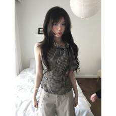 批发eihey诶嘿韩系复古格纹领结收腰褶皱设计感显瘦<b class='q'>无袖</b>背心气质上衣