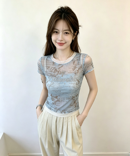 실사 한 부서 파란색 페이크 레이어드 쇼트 스타일 긍정적 인 어깨 반팔 티셔츠 여성 여름 몸매 가꾸기 작은 키 디자인 센스 맨위