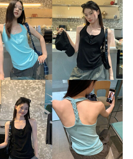 송 긍정적 인 En 파란색 캐미솔 여름 외출용 백리스 디자인 센스 핫걸 착용 가져 가라. 아름다운 민소매 행침 목 맨위