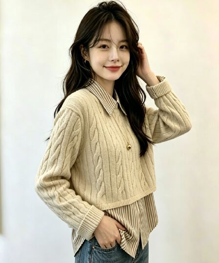 실사 가을 겨울 풀오버 외출용 스웨터 셔츠 패치워크 페이크 레이어드 맨위 여성 패션 외국 가스 디자인 센스 작은 대중