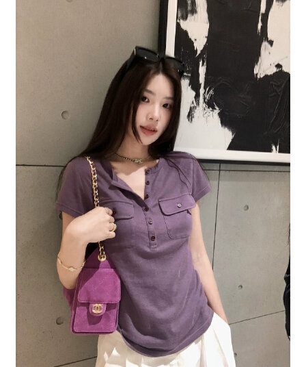 작은 6 월 6 월 브리트니 c 조금 스키니 t 세부 사항 전체 점수 3 차원 워크웨어 주머니 슬림해 보이는 마이크로 허리 수축 반팔 티셔츠