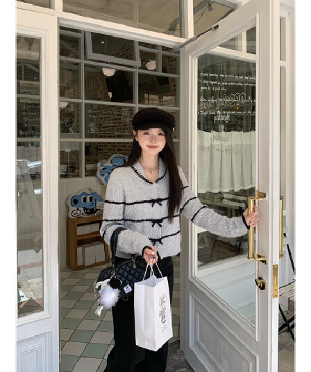 작은 키 새로운 회색 맨위 여성 디자인 센스 나비 매듭 달콤함 패치워크 오픈 가디건 스웨터