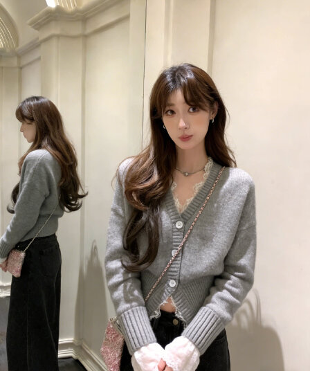 봄 가을 얇은 여성 코트 V넥 디자인 오픈 가디건 여성 2026 새로운 한 부서 바람 레이스 조각 허리 수축 모직물 긴팔