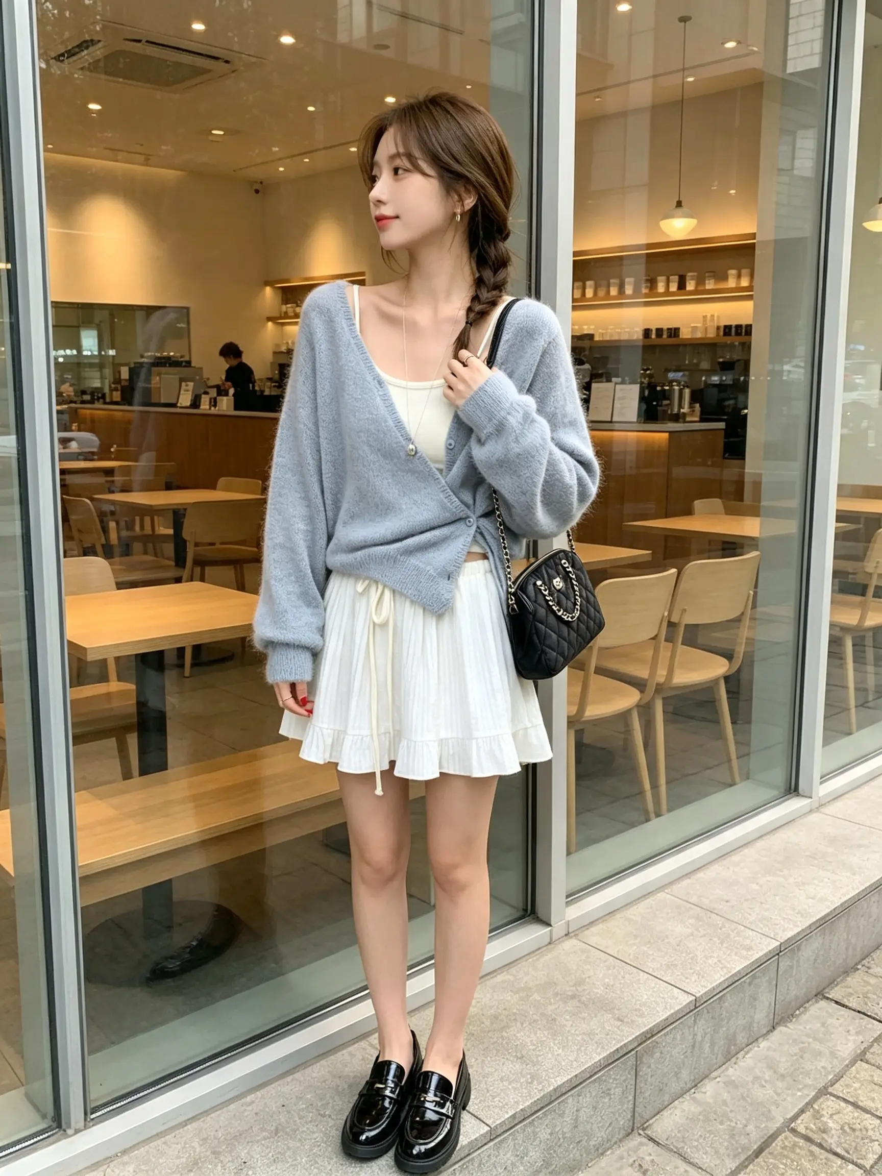 프렌치 V넥 언밸런스 단추 허리 조임 긴소매 니트 가디건 상세 이미지 6