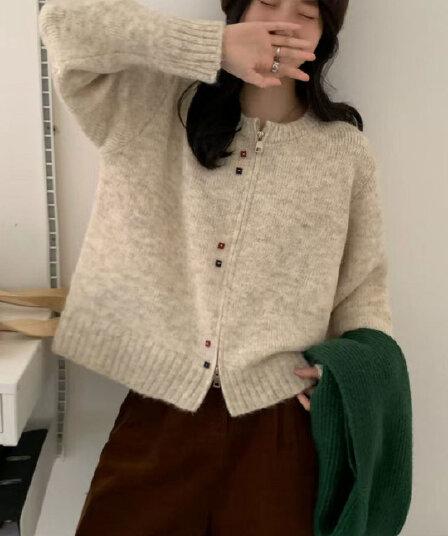 한 부서 레트로 라운드 넥 더블 지퍼 스웨터 여성 코트 새로운 루즈핏 다용도 니트 오픈 가디건 맨위