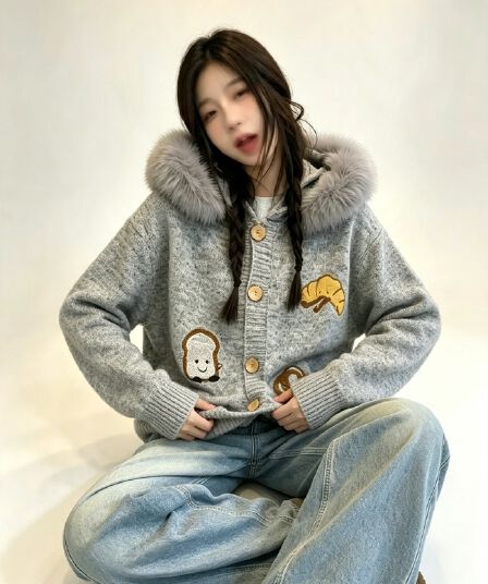 실사 고급 한 부서 부드러운 바람 연령 감소 부드러운 찹쌀 스웨터 코트 모피 칼라 후드 가을 겨울 니트 오픈 가디건