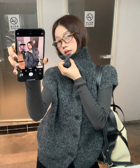 레드 맨 파빌리온 니트 베스트 여자 2026 새로운 머저리 외출용 자이언트 잘 생긴 ~ 중 세련된 외국 가스 회색 조끼 조끼