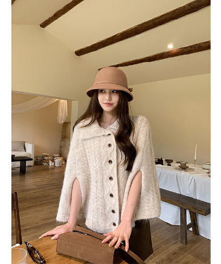 황색 곡물 1 종 yeahlou 망토 스웨터 여자 가을 겨울 새로운 프랑스식 레트로 다용도 니트 스웨터 재킷 맨위