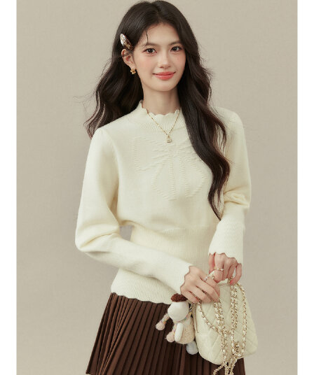 Ouyang 안녕하세요. 특별 찹쌀 찹쌀 셔츠 살구 색상 나비 매듭 자수 니트 스웨터 여성 인사이드 가져 가라. 터틀넥 기본 셔츠 맨위