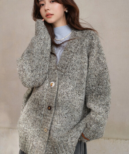 sleepybunny 양모 레트로 V넥 스웨터 오픈 가디건 여성 겨울 캐주얼 느긋한 부드러운 찹쌀 루즈핏 보온 재킷