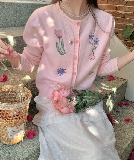 cozydays 핑크색 자수 작은 꽃 뒤집다 측면 칼라 니트 오픈 가디건 여성 봄 새로운 달콤함 연령 감소 스웨터