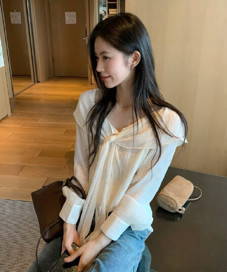 오프숄더 맨위 여성 가을 새로운 얇은 스타일 망토 숄 기본 셔츠 디자인 센스 나비 매듭 긴팔 셔츠