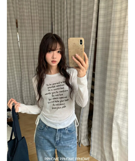 pphome 직접 만든 산소 느슨함 디자인 레이스업 펌프 로프 알파벳 프린트 긴팔 티셔츠 허리 수축 슬림해 보이는 맨위