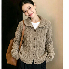 批发法式复古翻领麻花纹针织开衫女秋<b class='q'>冬</b>新款慵懒毛衣时尚气质软糯外套