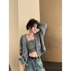 批发2026日系纯欲氛围感女<b class='q'>春</b>慵懒软糯吊带针织开衫两件套短款毛衣外套
