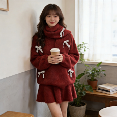 韩系深冬穿搭毛衣孕妇套装2025新款重工蝴蝶结针织短裙三件套