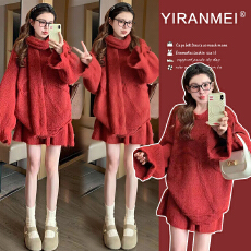 新品现现~2026冬新款时尚圣诞跨年网红图案元旦上衣+打底套装