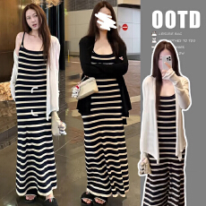 批发春<b class='q'>夏</b>新款套装时尚百搭条纹吊带修身弹力连衣裙+冰丝披肩开衫