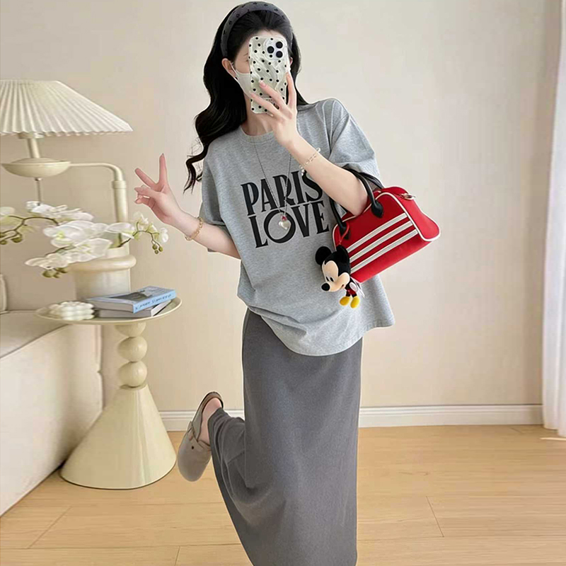 여름 신제품 순면 느긋한 바람 한국 스타일 티셔츠 새로운 유형 없음 복부 지지 돼지 코 버클 반신 스커트