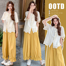 批发夏季新款<b class='q'>时尚</b>气质宽松蕾丝上衣+松驰感花苞阔腿裤<b class='q'>孕妇</b><b class='q'>两件套</b>