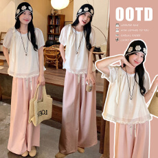 现孕妇夏季新款法式温柔风甜美套装木耳边宽松泡泡袖蝴蝶结娃娃衫