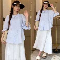 2026夏季新款韩版时尚气质减龄衬衫+孕妇百褶裙套装