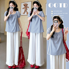 批发实拍 夏季新款孕妈系带宽松短袖<b class='q'>上衣</b>+阔腿<b class='q'>裤</b><b class='q'>套装</b>