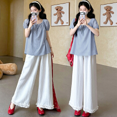 批发实拍 夏季新款孕妈系带宽松短袖<b class='q'>上衣</b>+阔腿<b class='q'>裤</b><b class='q'>套装</b>