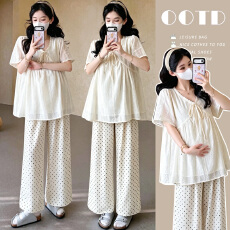 批发实拍孕妇时尚<b class='q'>套装</b>2026夏新款泡泡袖V领钩花<b class='q'>上衣</b>阔腿<b class='q'>裤</b><b class='q'>两件套</b>