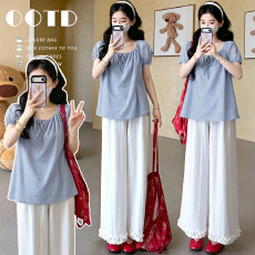 批发实拍 夏季新款孕妈系带宽松短袖<b class='q'>上衣</b>+阔腿<b class='q'>裤</b><b class='q'>套装</b>