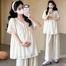 批发实拍孕妇时尚<b class='q'>套装</b>2026夏新款泡泡袖V领钩花<b class='q'>上衣</b>阔腿<b class='q'>裤</b><b class='q'>两件套</b>