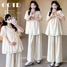 批发实拍孕妇时尚<b class='q'>套装</b>2026夏新款泡泡袖V领钩花<b class='q'>上衣</b>阔腿<b class='q'>裤</b><b class='q'>两件套</b>