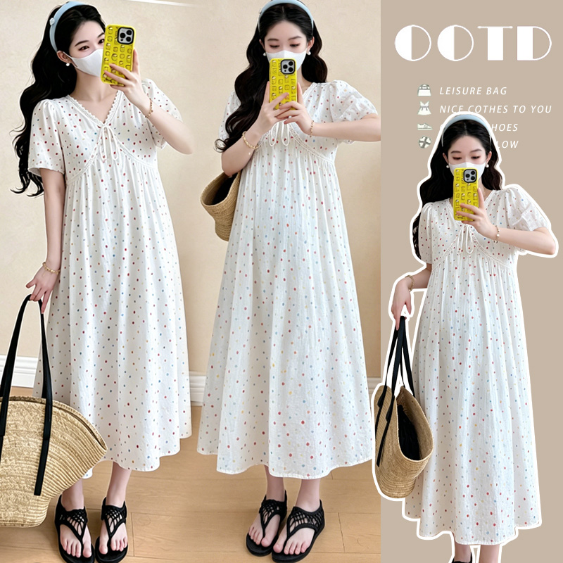 실사 출산 착용 여름 반팔 패션 색상 도트 V넥 패션 루즈핏 슬림해 보이는 빅 사이즈 드레스