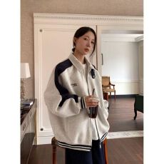 批发美式复古蓝三杠休闲运动外套<b class='q'>春</b>秋宽松小个子短款拉链立领卫衣 女