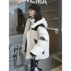 批发白鸭绒 <b class='q'>韩国</b>超火户外羽绒服女白色工装连帽秋冬撞色面包服派克