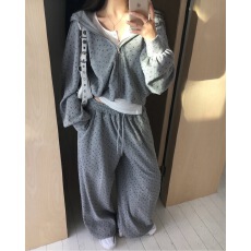 批发韩国chic秋季法式小清新华夫格连帽<b class='q'>碎花</b>卫衣外套女+高腰休闲长<b class='q'>裤</b>