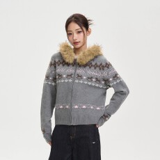 批发费尔岛毛衣外套美式复古潮牌秋冬情侣大毛领撞色针织衫