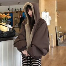 批发座山雕<b class='q'>大码</b>美式复古双面穿加绒连帽外套女冬季宽松保暖百搭上衣