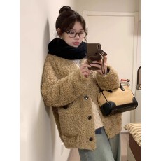 批发冬季羊羔毛外套女皮毛一体加绒棉衣宽松加绒<b class='q'>短款</b>毛茸茸小个子棉服