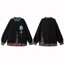 批发原版面料原版做工美式拼接格纹刺绣polo假两件<b class='q'>上衣</b>加绒卫衣秋冬女