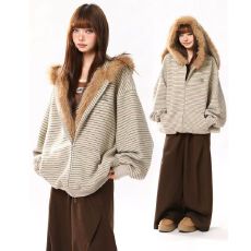 批发400g重磅兔毛条纹原版面料原版做工复古加绒卫衣开衫秋冬外套<b class='q'>女</b>