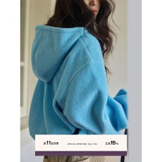 批发显白慵懒虹蓝色连帽宽松毛毛外套2025女冬套头袋鼠兜毛绒<b class='q'>卫衣</b>