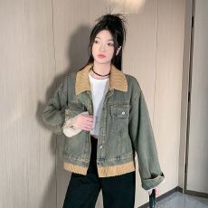 批发实拍~复古慵懒风撞色翻领牛仔外套女秋冬加绒新款小众上衣潮