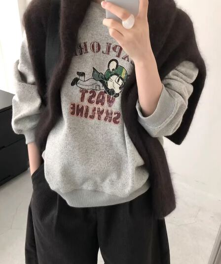 경관 그림 후아 면 복합 얇은 스타일 털이 있는 가을 겨울 의류 털이 있는 라운드 넥 후드티 여성 프린트 아기 플러시