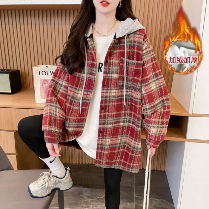 실사 원본 천 체크무늬 복잡한 슈퍼 부드러운 털이 있는 흔들어서 톤 품질 후드 체크무늬 남녀 같은 단락 셔츠 중간 길이 재킷