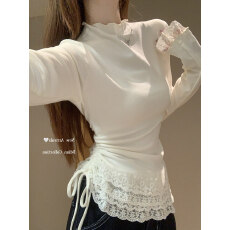 批发官图 2025秋冬款韩系杏色半高领蕾丝拼接T恤女装加绒<b class='q'>打底衫</b>