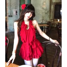 批发红色系穿搭一整套独特绝美挂脖上衣半身裙两件套装裙2026<b class='q'>夏</b>季新款