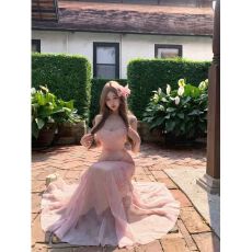 批发茶歇法式晕染粉色吊带<b class='q'>连衣裙</b>夏日氛围感小裙子独特漂亮修身鱼尾裙