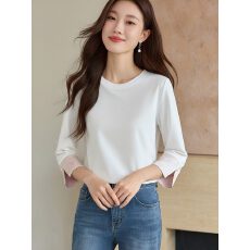 批发宽松遮肉七分袖纯棉T恤温柔风拼接蕾丝白色上衣春夏<b class='q'>休闲</b>内搭外穿